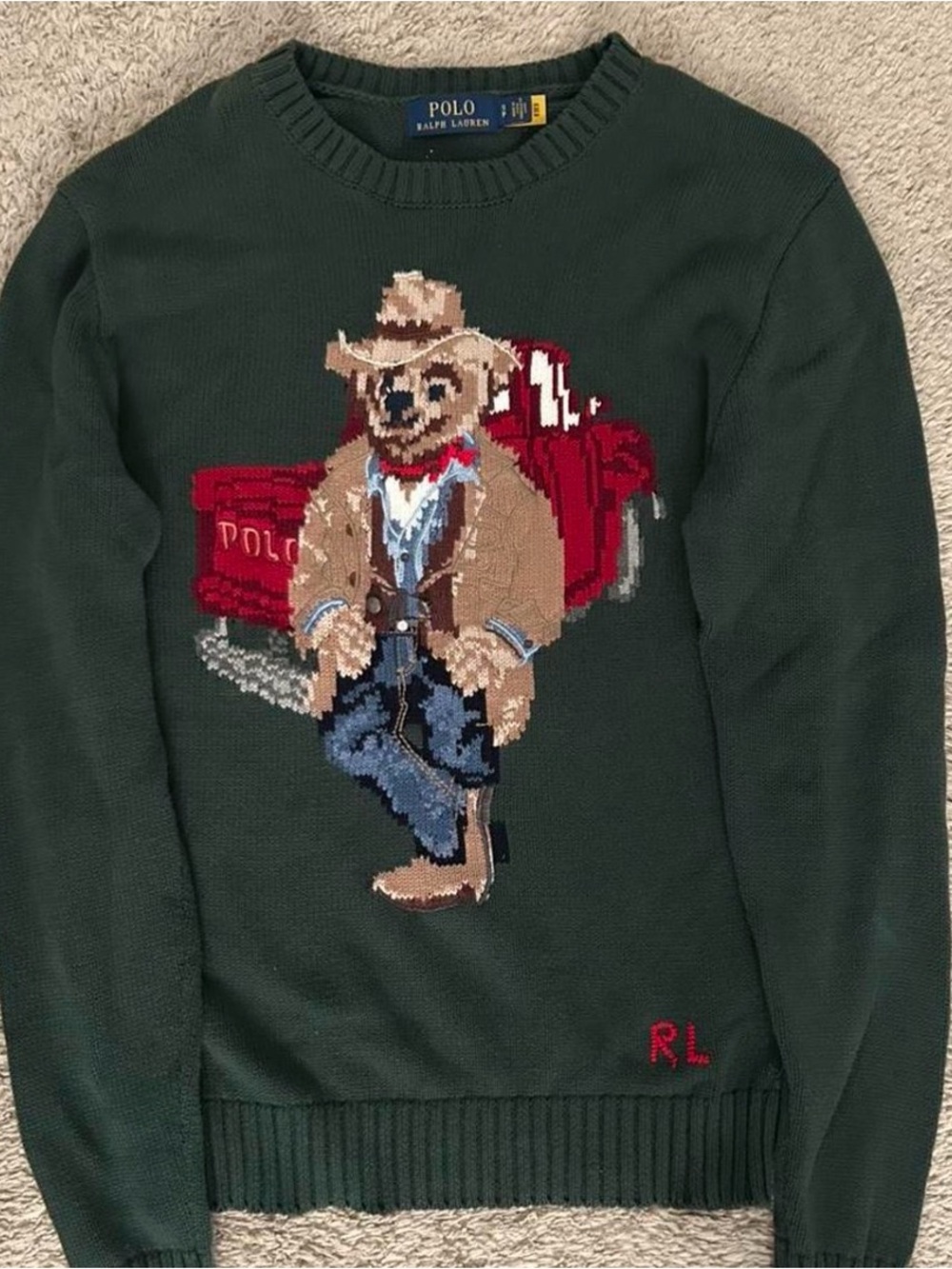 Polo Ralph Lauren Dark Green Cowboy Truck Farm Bear Crewneck Sweater Mens Small